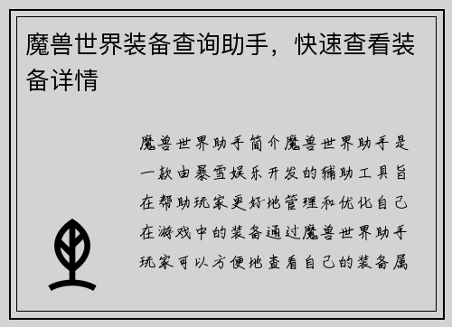 魔兽世界装备查询助手,快速查看装备详情